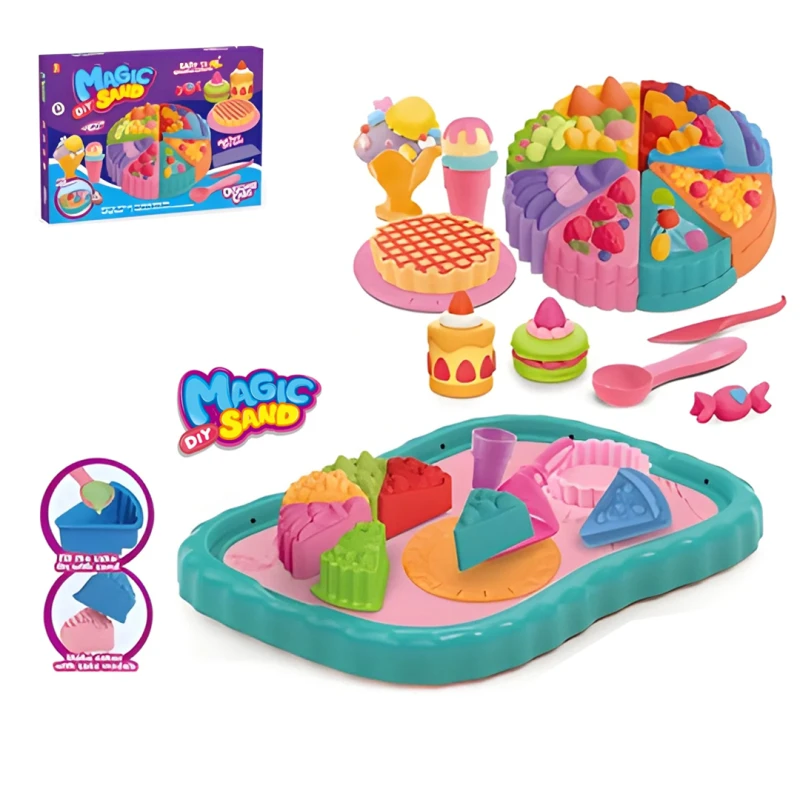 Magic Sand Delicious Cake Set – Kinetic Non-Toxic Sand with Cake & Ice Cream Molds, 2 Colors (500g), 18 Pieces, Creative DIY Play Kit for Kids 3+